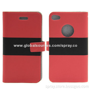 Classic Red and Black Stripe Flip Design Leather Magnetic Case Covers for iPhone 4/4S, No Stitching